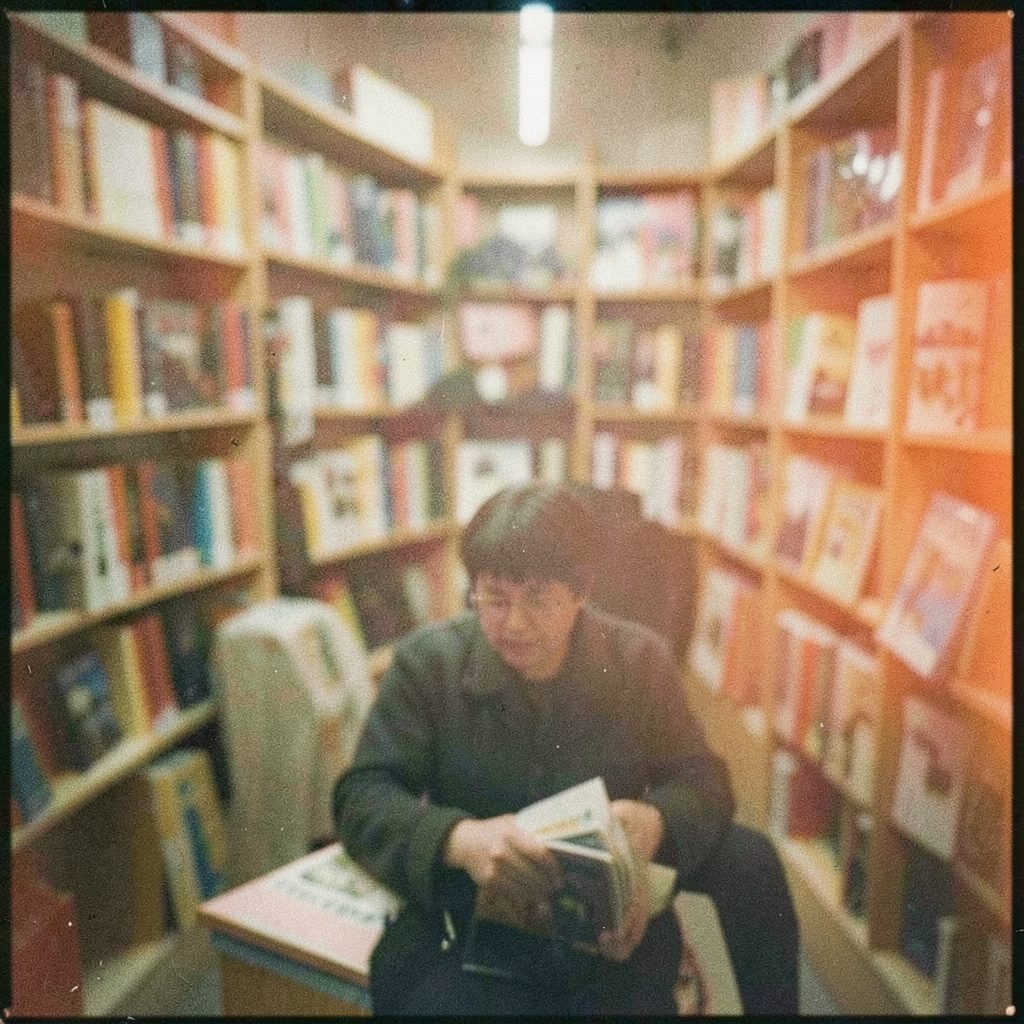 Зернистая чёрно-белая аналоговая фотография полки с книгами и газетами в приглушённых бежевых и серых тонах, спокойное académическое настроение